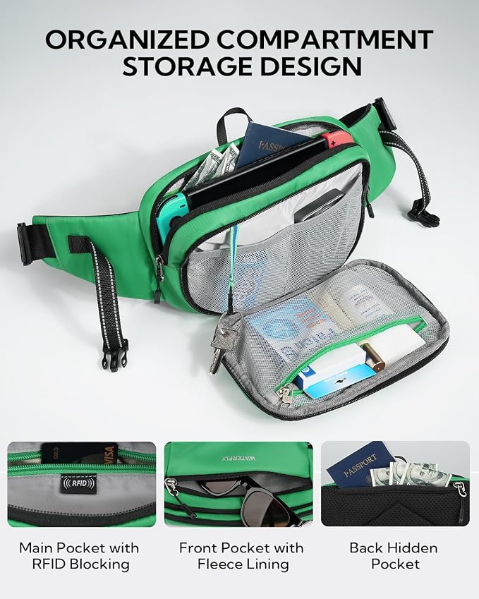 WATERFLY Fanny Pack Waist Bag: 3L Large RFID Anti-Theft for Travel | 180-Degree Opening Design, 5 Pockets, Nylon, Reflective Webbing, Adjustable Buckles, Hiking Daily Use, Women Men - Image 4