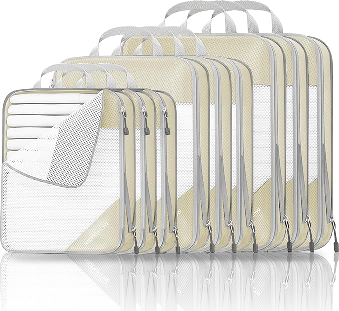 9 Set Compression Packing Cubes for Travel - Compressible, Lightweight, and Space-Saving Packing Cubes, Travel Essentials for Women, Beige by NICOSHOW