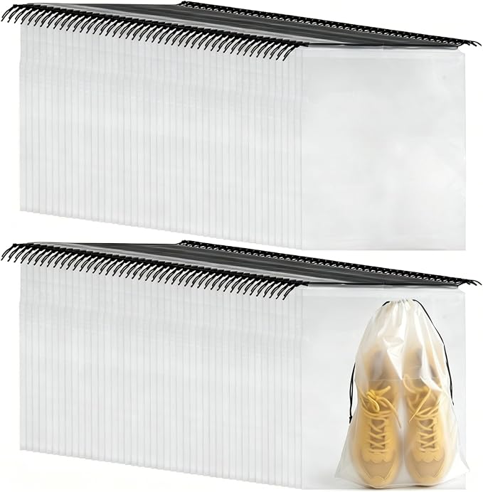 100Pcs Shoe Bags for Travel，PLULON 15.7" x 11.8" Clear Drawstring Storage Plastic Bags Shoes Organizer for Packing Waterproof Dustproof Women Men Portable Travel Essentials by PLULON