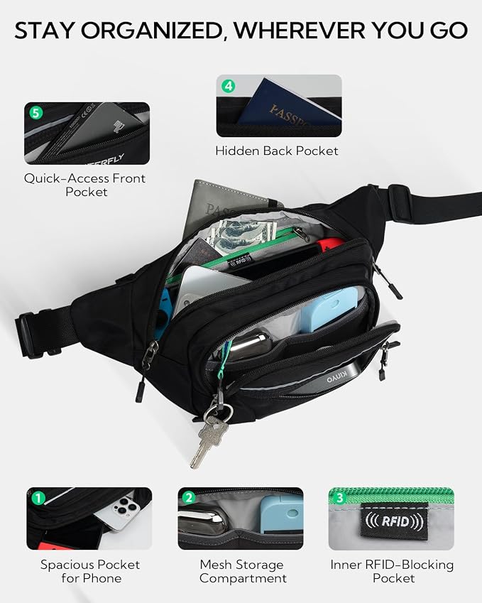 WATERFLY 3.5L RFID Fanny Pack: Anti-Theft 12" Extender Belt for Travel | Large Capacity Multi-Pocket, Water-Resistant Nylon, Reflective Strips, Breathable Padding, Hiking Walking Daily, Women Men - Image 5