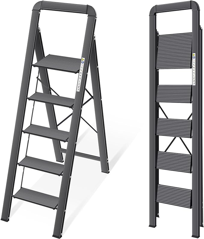 KINGRACK Aluminium 5 Step Ladder, Lightweight Step Stool with Non-Slip Pedals, Handrail, Folding Step Ladder for Kitchen, Garage, Home, Space Saving, Sturdy and Portable, Black by KINGRACK