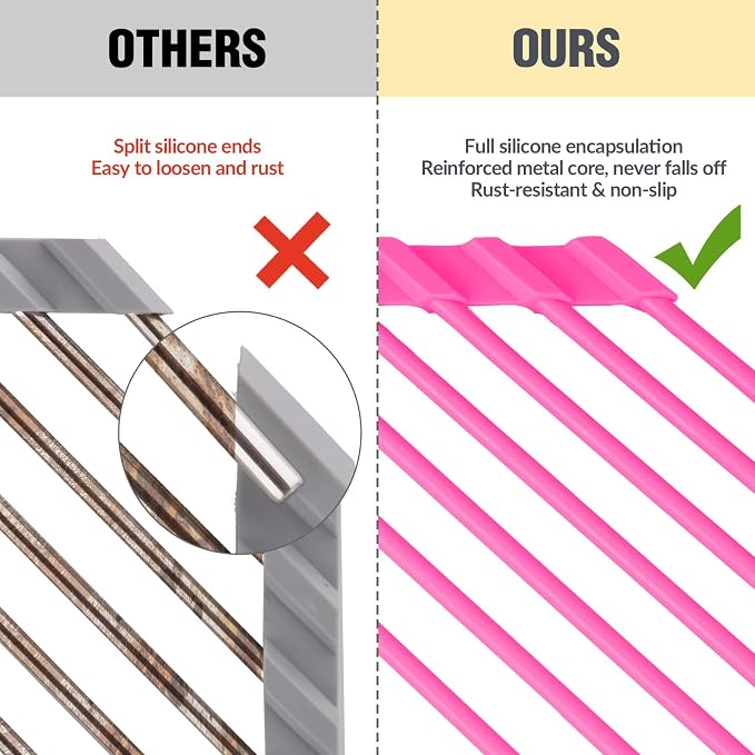 Tomorotec Roll Up Dish Drying Rack with Silicone Coating, Hot Pink | 304 Stainless Steel with BPA-Free Silicone, Triangle Design Maximizes Sink Corner Space, Fits Compact Kitchens And RVs - Image 4