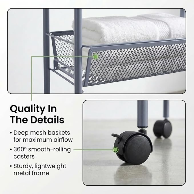 American Dream Matte Grey 4-Tier Mesh Basket Rolling Cart with Wheels Slim Metal Storage Organizer Trolley, 22.4" x 7.3" x 37.4" - Image 7