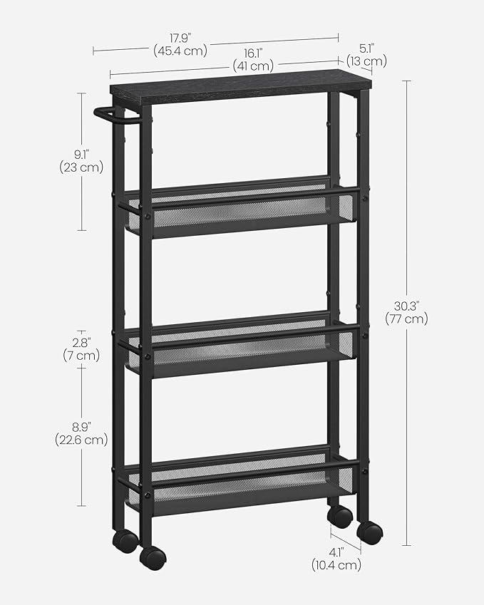 VASAGLE Slim Rolling Cart, 4-Tier Storage Cart, Narrow Cart with Handle, 5.1 Inches Deep, Metal Frame, for Kitchen, Dining Room, Living Room, Home Office, Ebony Black and Classic Black ULRC032B04 - Image 6