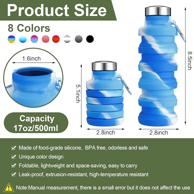 FillTouch 8 Pcs Collapsible Water Bottles 17oz Silicone Reusable Foldable Water Bottles with Carabiner Lightweight BPA Free Expandable Leakproof for Gym, Travel Camping, Hiking Outdoor Indoor Sport - Image 2