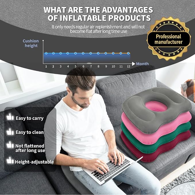 Donut Seat Cushion, Inflatable Sitting Cushion, Coccyx Cushion | Donut Pillow for Tailbone Pain, Portable Inflatable Seat Cushion Pressure Relief, Suitable for Car, Airplane, Travel, Grey - Image 5