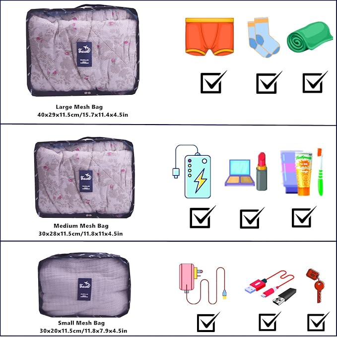 6 PCS Travel Suitcase Organizer Bags, Travel Organizer Packing Cubes Set Laundry Bags, Travel Clothes Storage Bag, Packing Organizer Compression Pouches for Traveller(Navy Blue Feather) - Image 2