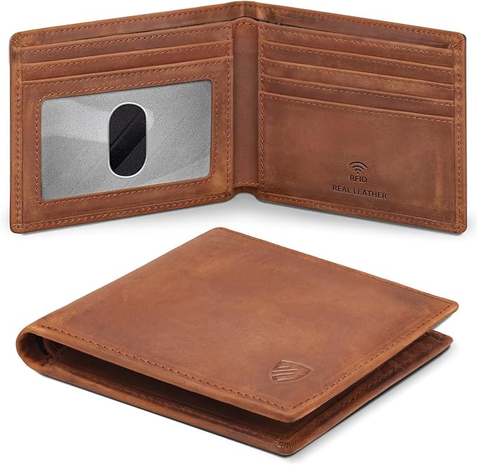 RUNBOX Wallet for Men|Slim Bifold Rfid Blocking Leather Wallet|Front Pocket | Genuine Leather,Handmade,8 Card Slots,ID Window,Money Pocket,Coin Pocket, Gift for Men,Minimalist Compact by RUNBOX