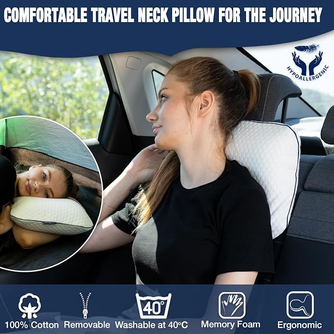 alkamto Travel & Camping Comfortable Memory Foam Pillow – Easy to Carry Portable Bag – Temperature Regulating Pillow Case (White) - Image 2