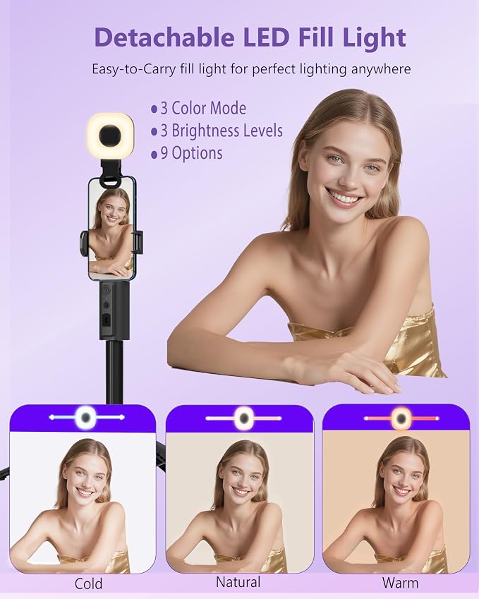 59" Extendable 360° Auto Face Tracking Phone Stand with Remote and Fill Light, No App Needed, Black Tracking Tripod for iOS and Android, Ideal for Content Creators and Video Recording - Image 4