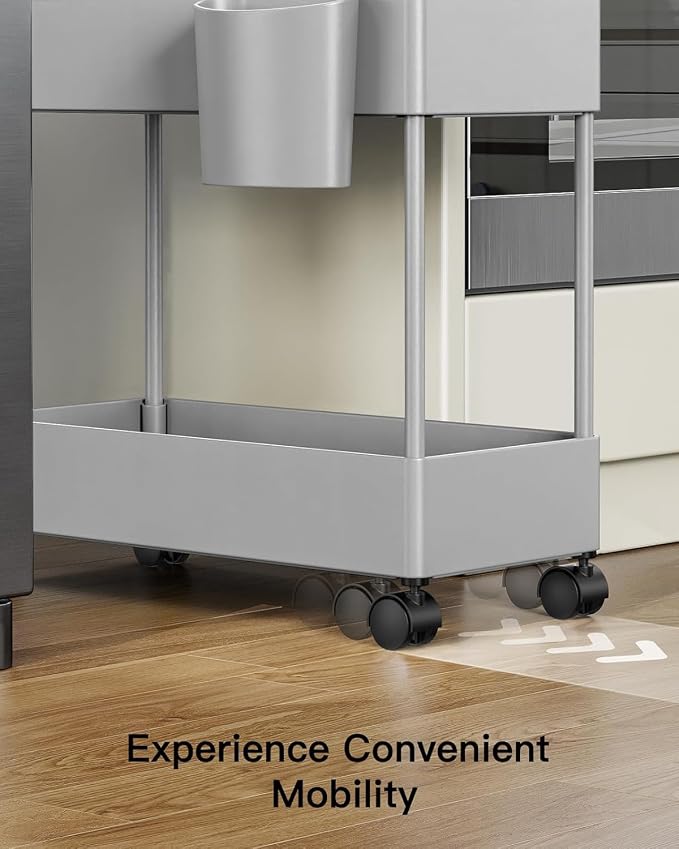 Pipishell 3 Tier Slim Storage Cart with Wheels, Bathroom Storage Cart, Gray | 7.1 inch Wide - Fits Narrow Spaces, Storage Cup and 6 Hooks, Ventilation Holes, Durable ABS Material, Detachable Wheels - Image 7