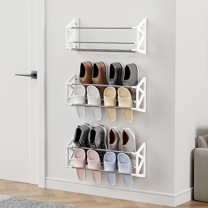 3 Pack Wall Mounted Shoe Rack, No Drill Adhesive & Screw 2-in-1 Holds 12 Pairs, Space-Saving Vertical Storage for Entryway, Bathroom & Kitchen, Renter Friendly Fits Tile Marble Glass Wood Wall (White) by DEYILIAN