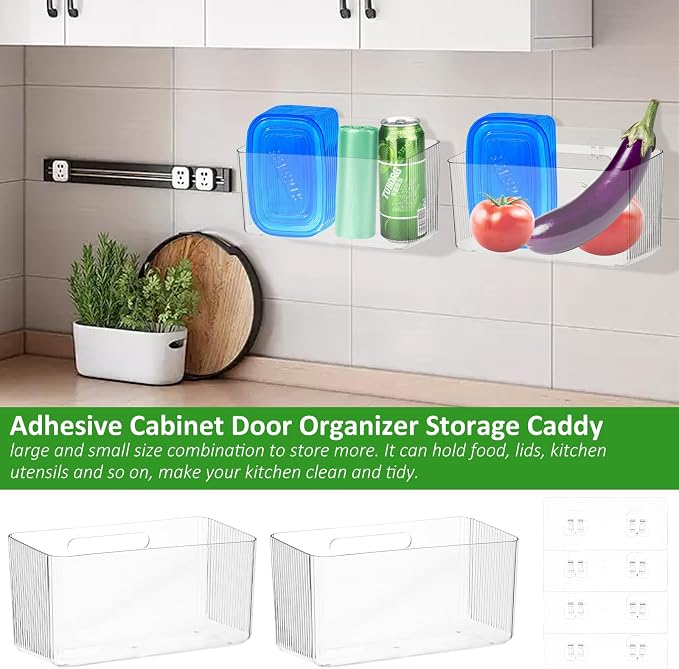4 PCS Plastic Adhesive Mount Over Cabinet Door Organizer, Under Sink Door Storage Shelf Refrigerator Side Storage Box, Wall Organization Container for Kitchen Bathroom Office - Image 4