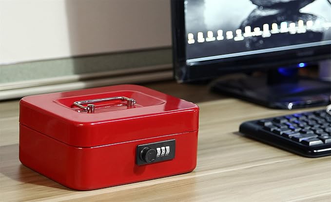 Jssmst Medium Cash Box with Combination Lock - Durable Metal Cash Box with Money Tray Red, 7.87 x 6.3 x 3.35 inches, CB0703M - Image 4