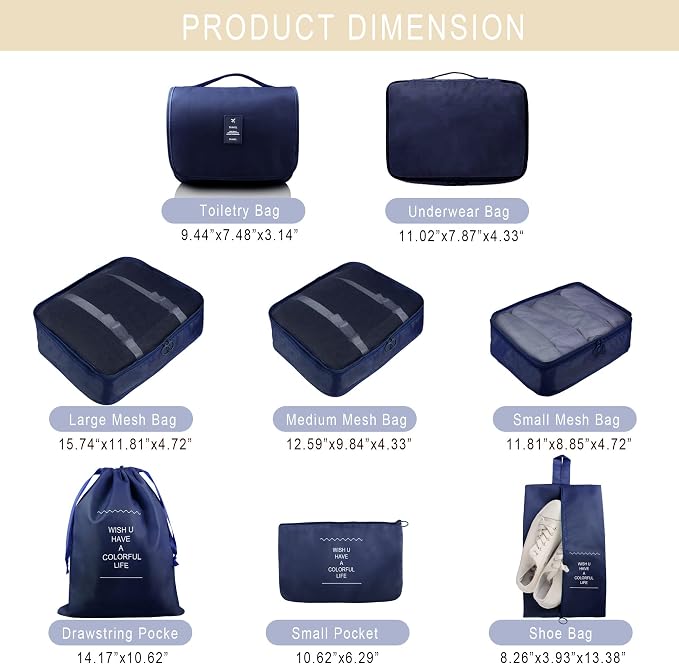 Packing Cubes, 8 Pcs Travel Packing Organizers for Suitcases, Large Capacity Travel Luggage Organizers Set includes 8 Storage Bags, Travel Essentials for Women or Men (Navy Blue) - Image 2