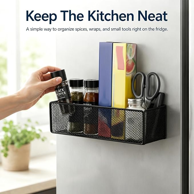 Magnetic Basket Organizer with 2 Hooks, Strong Magnetic Shelf for Fridge | Metal Mesh Storage Basket for Refrigerator, Kitchen, Garage, Office and Pegboard - Image 6