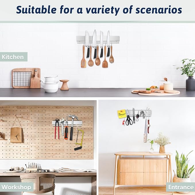 12 Inch Magnetic Knife Holder for Wall - Stainless Steel Magnet Knife Strip No Drill with 5 Hooks/Adhesive Tape/Screws, Kitchen Utensil Holder, Magnetic Knife Organizer, Wall Mounted Knife Storage - Image 6