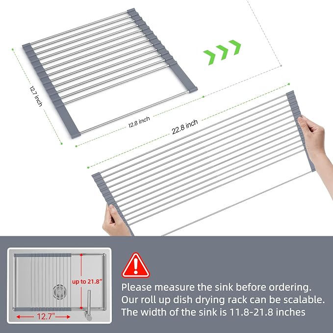 BBXTYLY Expandable Roll Up Dish Drying Rack Up to 22.8''with 2 Storage Baskets,Over The Sink Kitchen Rolling up Dish Drainer Drying Rack, Foldable,Rollable,for Kitchen Dishes(Expandable Width Size) - Image 2