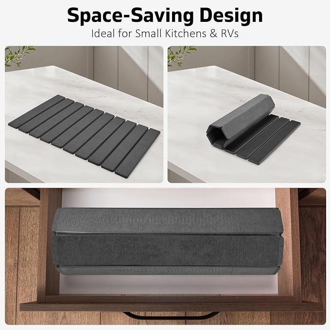Large Stone Dish Drying Mat for Kitchen Counter, Quick Dry Dish Drying Mats, Foldable Absorbent Diatomaceous Earth Mats for Plate Rack Bottles Cups, Match Any Countertop (Dark Gray 24"×16" & 8"x4") - Image 3