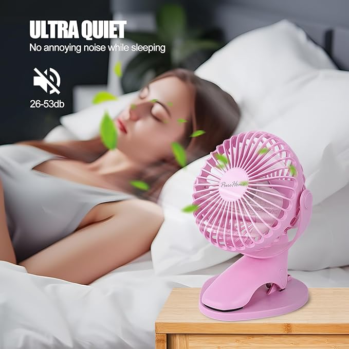 PureHome Portable Clip Fan Battery Operated,3 Speeds USB Rechargeable Mini Table Fan with Strong Airflow,360°Rotation Ultra Quiet Personal Desk Fan for Home Office Bedroom Dorm Stroller Camping- Pink - Image 5