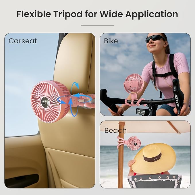 Coohea Portable Stroller Fan, 25H Long-lasting, 4 Speed, Night Light, Pink | 4000mAh Rechargeable Battery Powered Fan, Head Detachable 360° Rotate Mini Fan, Easy to Wrap for Car Seat Crib Bike Treadmill - Image 7