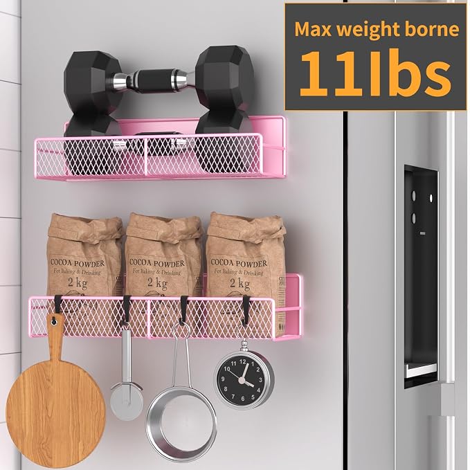 Magnetic Spice Rack for Refrigerator, 2 Pack Metal Magnetic Shelf Pink, Moveable Spice Organizer with Hooks, Super Magnetic Fridge Shelf for Kitchen Organization and Storage - Image 4