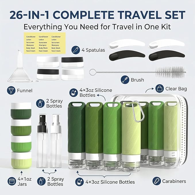 26 Pcs TSA Approved Travel Toiletry Bottles Set, Leakproof Silicone Refillable Containers with Carabiner, Clear Bag for Shampoo Lotion Body Wash - Image 3