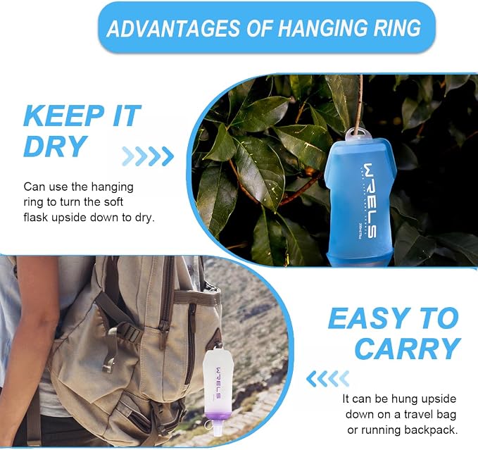 WRELS 200ml/350ml/500ml Collapsible Soft Flask,BPA Free Folding Soft Water Bottle with Hanging Ring,Lightweight TPU Hydration Flask for Running Marathon Cycling Hiking(200ml-2 Packs) - Image 5