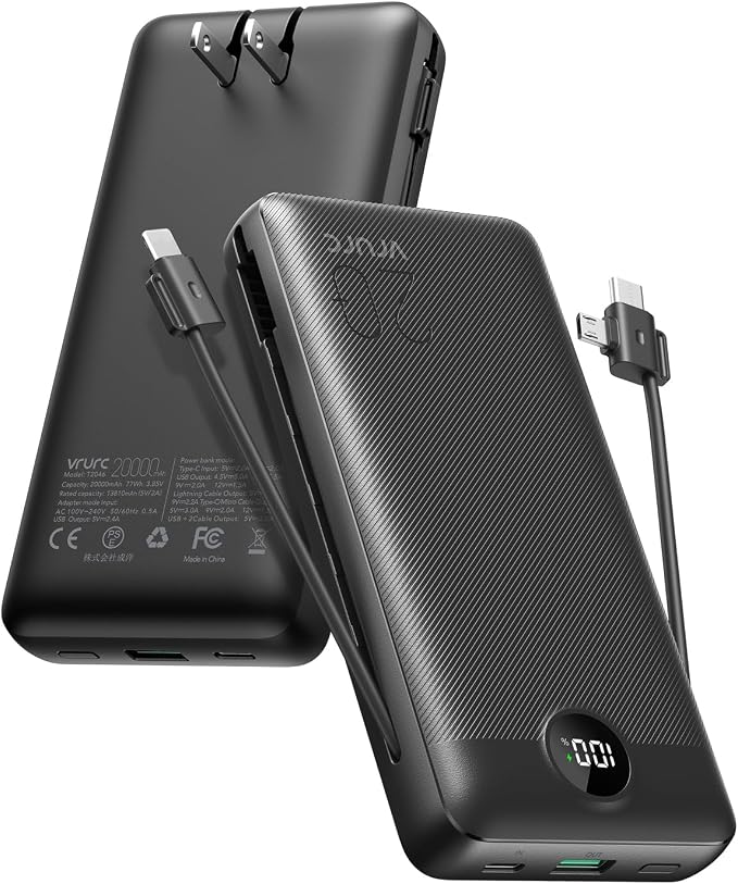 VRURC Portable Charger 20000mAh, Fast Charging Power Bank USB C,4 Output 2 Input Travel Essentials Charging Bank Equipped with LED Display,Built-in Wall Plug and Cables,Phone Charger Battery,Black by Home
