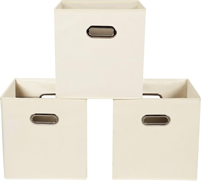 Yunkeeeper storage bins Cubes, Fabric Cube Organizer with Handle, Foldable Cube Bins for Cloth or Accessary Storage, 11x11x11, Set of 3, (Creamy White) by Yunkeeper