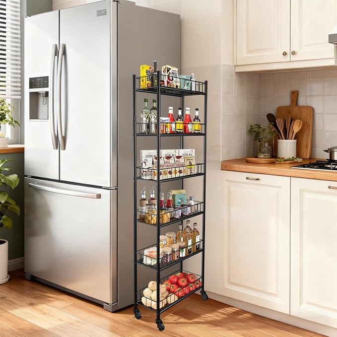 Utility Slim Storage Cart 6 Tier Narrow Metal Frame Carts | 6 Tier Narrow Kitchen Storage Cart,Laundry Room Carts, for Kitchen,DiningRoom,Living Room,Home Office,Classic Black - Image 3