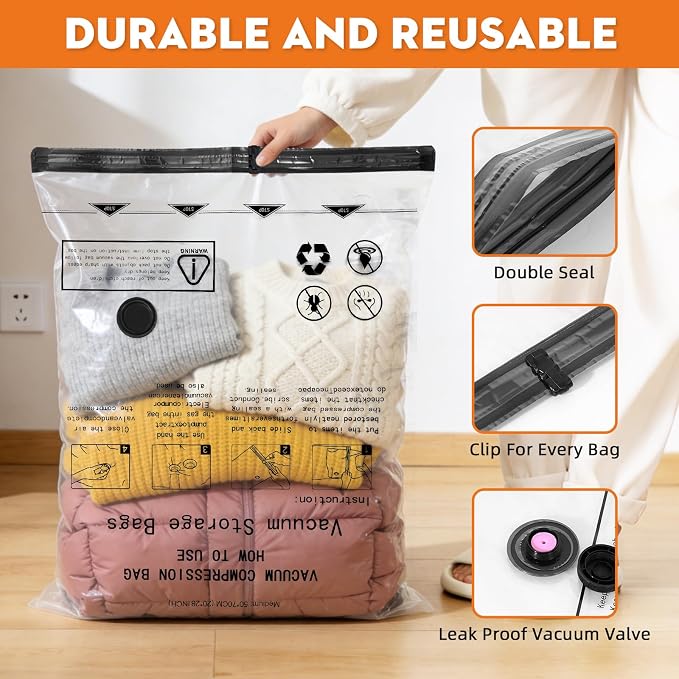 12 Pack Vacuum Travel Bags With Pump,Vacuum Bags For Clothes (4S+4M+2L+2J) | Vacuum Storage Bags For Clothes,Vacuum Compression Bags For Travel and Home Organization - Image 5