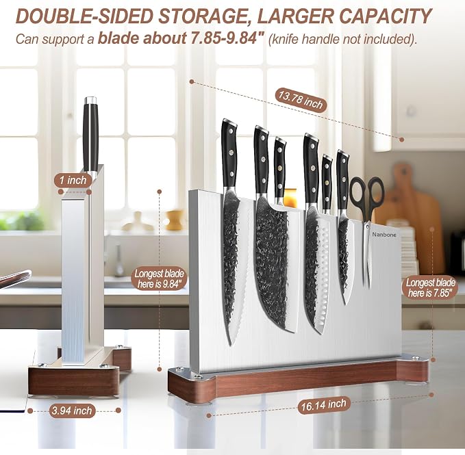 Magnetic Knife Block Without Knives Large Double Side Magnetic Knife Holder Stand with Strong Magnet, Stainless Steel Knife Storage Organizer for Kitchen Counter Knife Rack Three Magnet Strip - Image 2