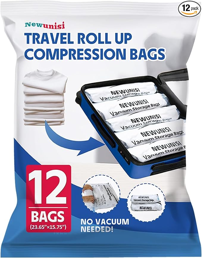 12-Piece Travel Vacuum Storage Bags—Roll-Up Compression Bags to Save Space in Luggage, for Camping, and for Storing Clothing—No Pumping Required, 23.65” X 15.75” by NEWUNISI