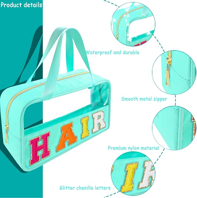 Bunliuys Chenille Letter Clear Makeup Bag Hair Patch, Travel Toiletry Makeup Bag with Handle, Nylon Waterproof Makeup Bags clear cosmetic bag, preppy patch makeup bag for Women (HAIR-Mint Green) - Image 3