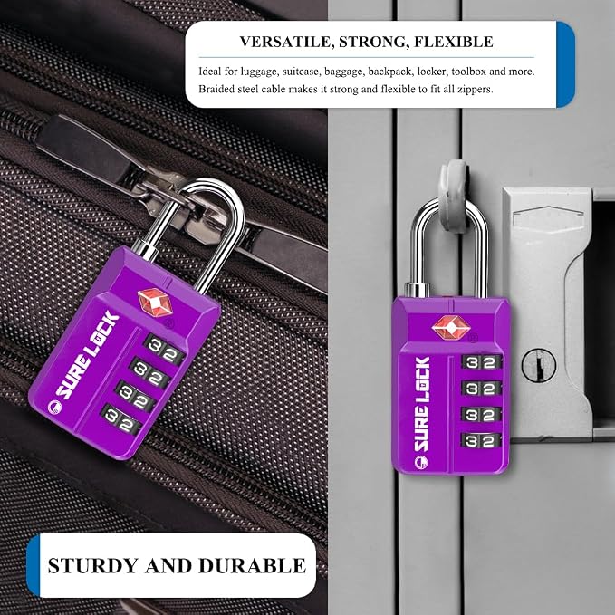 SURE LOCK TSA-Approved 4-Digit Resettable Combination Lock with Open Alert, Easy-Read Dials - for Luggage, School Lockers, Gym, Office, Toolbox & Security Cases (Dark Purple 2 Locks) - Image 5