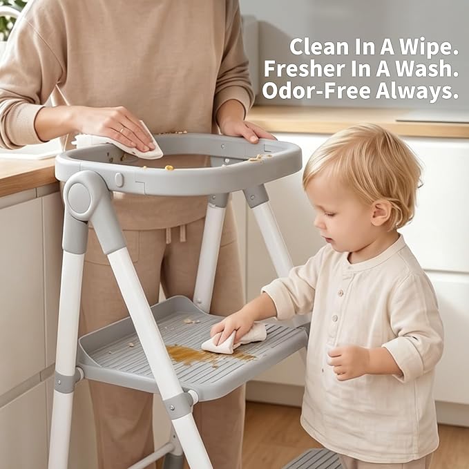 Foldable Toddler Standing Tower, Kitchen Helper Stool for Kids 1.5-6 Years | Safety Rail & Net Foldable Design Non-Slip Stable Easy Clean Portable Space Saving Storage Quick Assembly Montessori Grey - Image 8