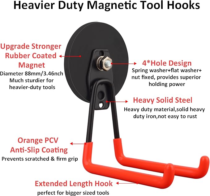 ULIBERMAGNET Magnetic Hooks,Heavy Duty Magnet Hook,Large Manget with Hooks for Hose,Jig Saw,Circular Saw,Workshop Organization,2 Pack Tool Hooks for Hammer Drill,Garden Tool(3.46inch/Orange) - Image 2