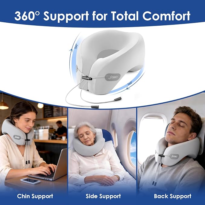 Travel Pillow Memory Foam Neck Pillow for Airplanes with Adjustable Drawstring Support, Gray Travel Neck Pillow for Flights, Road Trips, Trains & Everyday Travel - Image 2