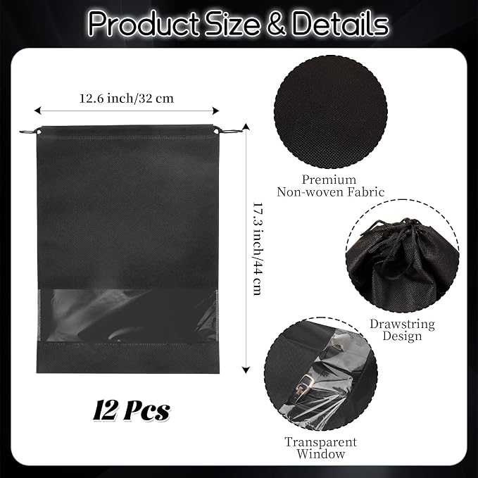 12 Pcs Portable Travel Shoe Bags, 17.3 x 12.6 Inches Waterproof Non-Woven Shoe Organizers Storage Bags, Large Drawstring Shoes Pouch Packing Organizers with Rope for Men, Women, Children (Black) - Image 2
