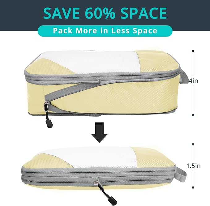 Compression Packing Cubes 6 Set, Compressible Space-Saving Packing Cubes for Travel - Compression Bags, Luggage Organizer, Travel Essentials for Women, Light Yellow - Image 2