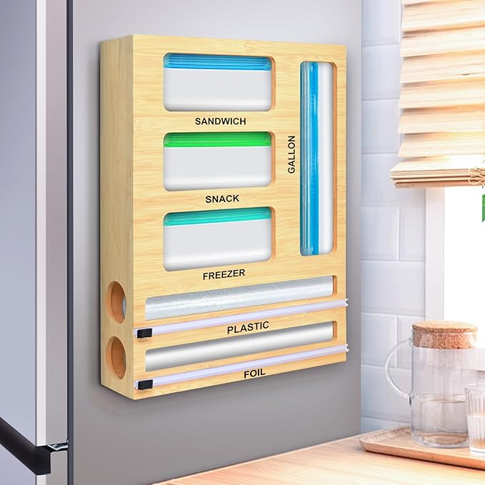 MSJGA Magnetic Food Bag Storage Organizer for Drawer or Refrigerator | Ziplock Bag Organizer, Compatible with Gallon,Quart, Sandwich, Snack & Variety Size Bags, Bamboo, 12.7"W x 16.6"H x 4"D by MSJGA