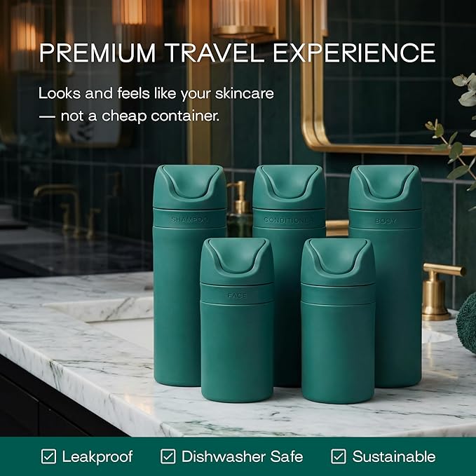 RIES Travel Bottles for Toiletries | Travel Size Containers | 5 Pack | Tsa Travel Bottles | Shampoo and Conditioner Leak Proof with Airless Pump | BPA Free Recycled Plastic & Dishwasher Safe - Image 3