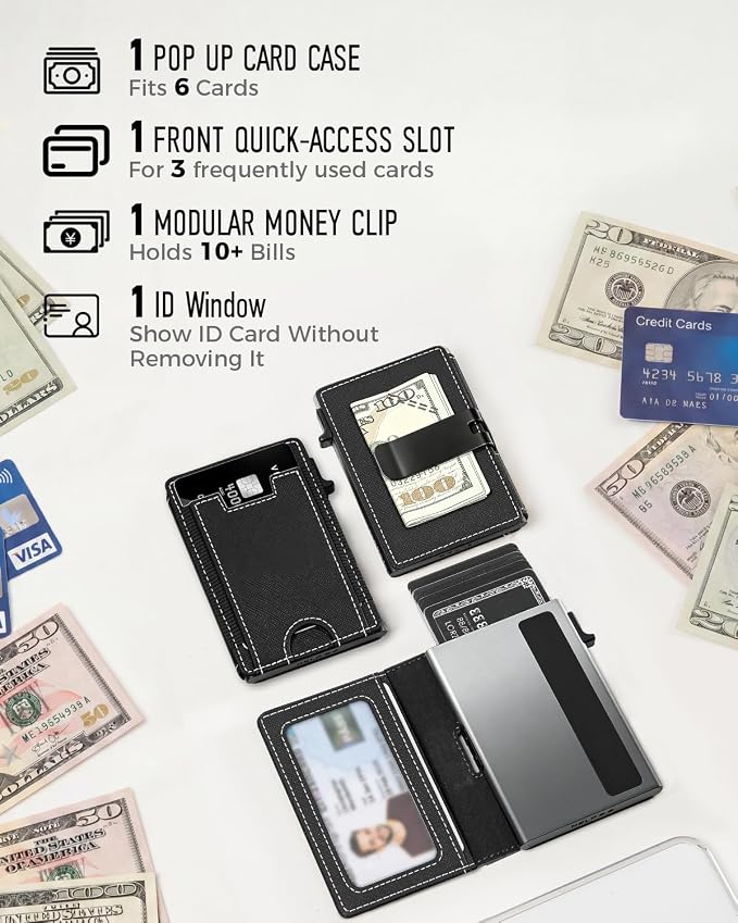 iwantit Slim Wallet for Men Card Holder: Minimalist RFID Blocking Wallet for 8-10 Cards - Smart Pop Up Card Case with Detachable Money Clip - Premium Leather Cardholder, Gift Boxed (CrossGrain Black) - Image 6