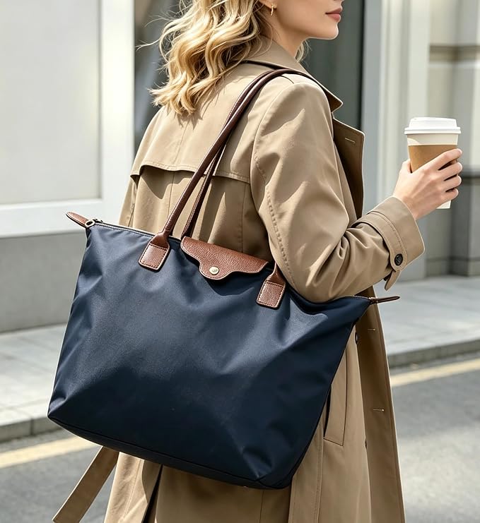 Nylon Tote Bag for Women, Lightweight Foldable Shoulder Tote with Zipper, Large Work Travel Bag for Everyday Use - Image 2