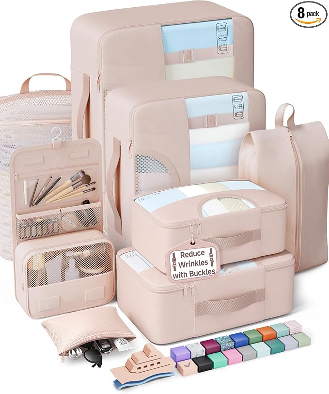 Veken 8 Set Packing Cubes for Travel Essentials,Anti-Wrinkle Buckled Suitcase Organizer for Shoe & Toiletry Bag,Carry On Luggage Bag with 99+ Count Mesh Holes for Airplane & College Dorm Accessories by Veken
