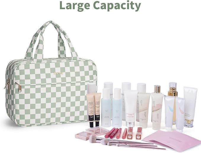 Narwey Hanging Travel Toiletry Bag for Women Checkered Makeup Bag Organizer Cosmetic Make up Toiletries Bag for Travel Essentials Accessories (Mint Green Checkerboard, Large) - Image 6