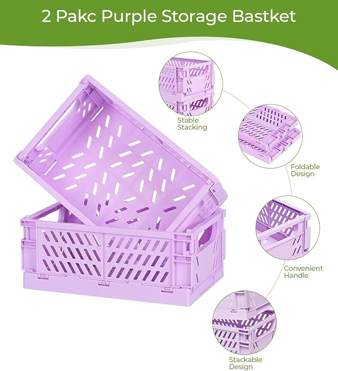 HUUSMOT 4-Pack Collapsible Plastic Storage Baskets, Purple, 9.8"x6.5"x3.8" | Pastel, Space-Saving, Collapsible Plastic Bins, Cute Mini Storage Crates, for Classroom, Kitchen, Office, Bedroom - Image 2