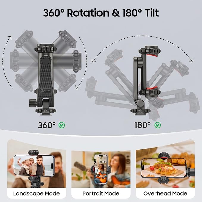 Zeadio Universal Phone Tripod Mount, Cell Phone Holder Clamp with Dual Rotatable Cold Shoe, 360° Rotation & 180° Tilt for Camera Hot Shoe, Vlogging, Video Recording - Image 5