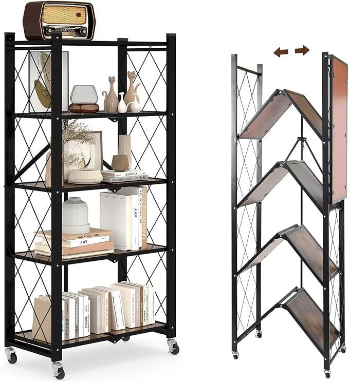 5 Tier Folding Shelf with Wheels, Wood and Metal Bookshelf | No Assembly Foldable Storage Shelves, Vintage Storage Rack for Living Room, Bedroom, and Home Office by YUANJIMI